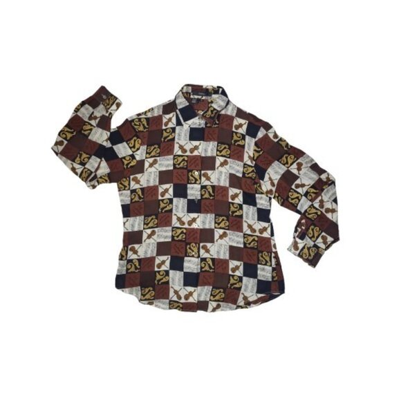 Ishyu 100% Silk Violin Music Patchwork Button Up Blouse Top 14/L - Picture 2 of 8